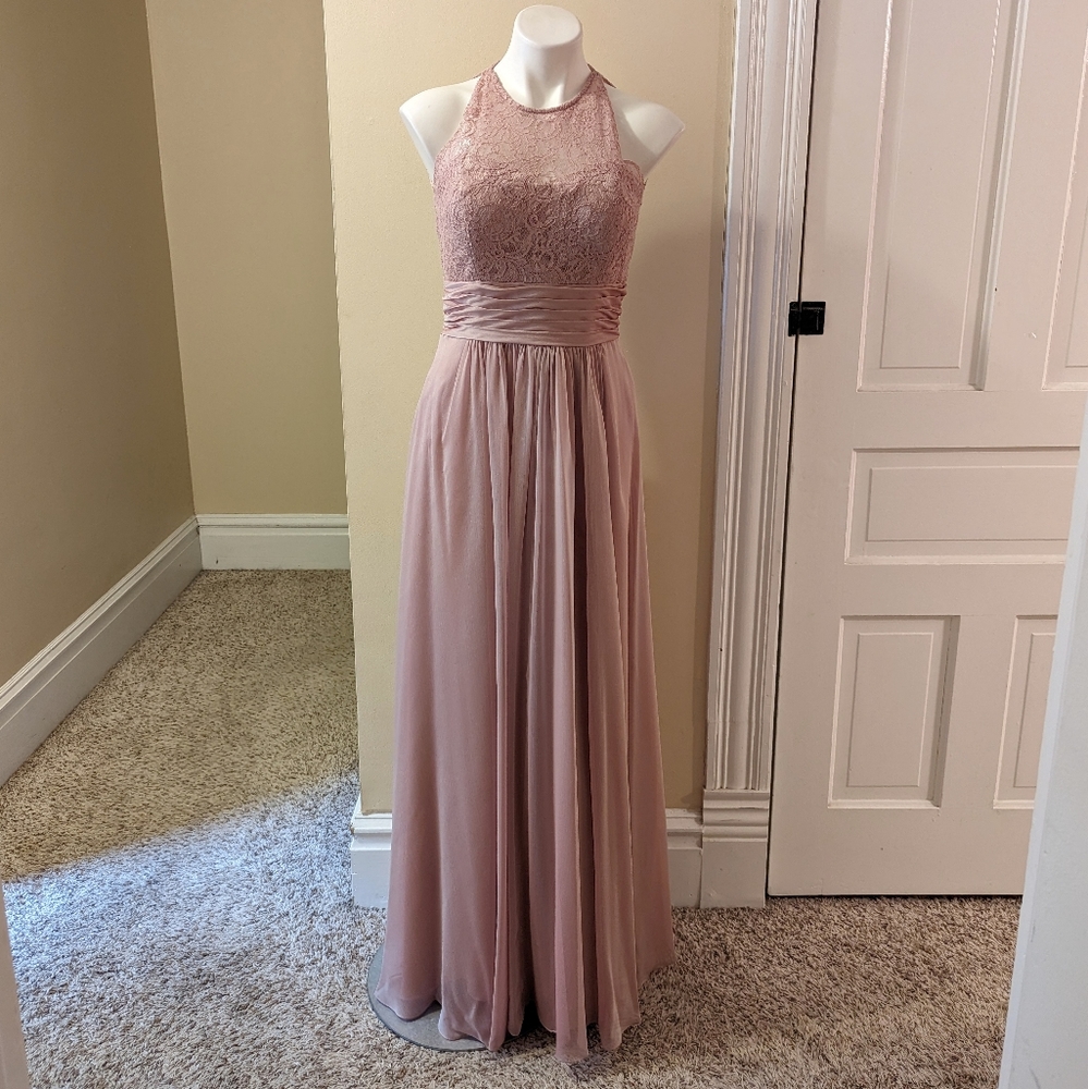 Belsoie mauve pink lace top long evening gown size 10
